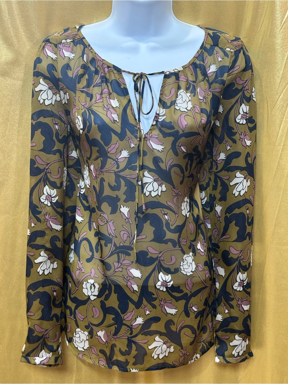 LOFT Floral Peasant Blouse XS Olive Green Navy Mauve Boho Tie Neck Top Size XS‎